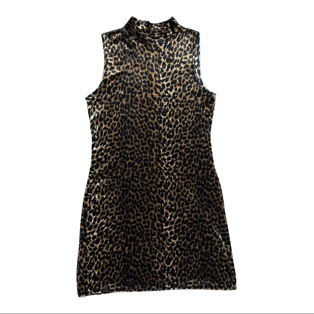 Vintage Velour Velvet Mock Turtleneck Sleeveless Leopard Mini Dress Halloween